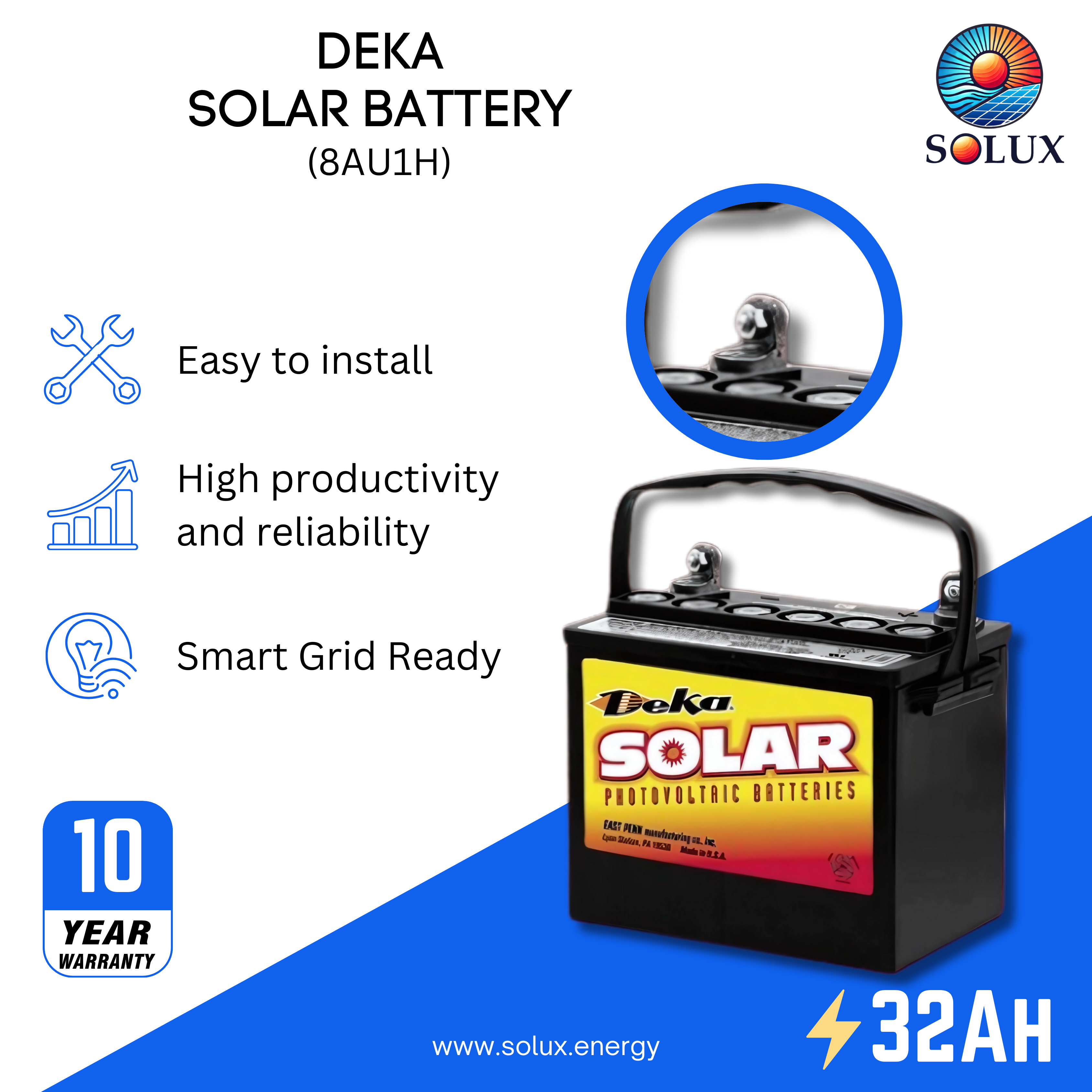 This is an image of MK Deka 32Ah Battery Deep Cycle AGM W/ Handle 8AU1H